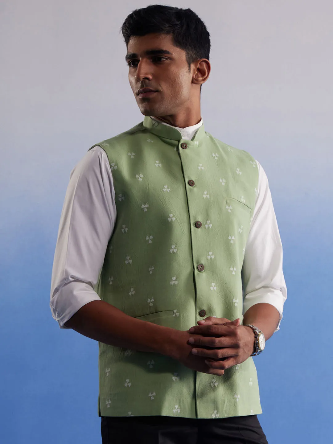 Vastramay Men's Green Jacquard Nehru Jacket