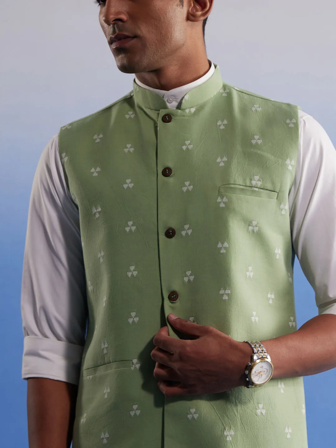 Vastramay Men's Green Jacquard Nehru Jacket