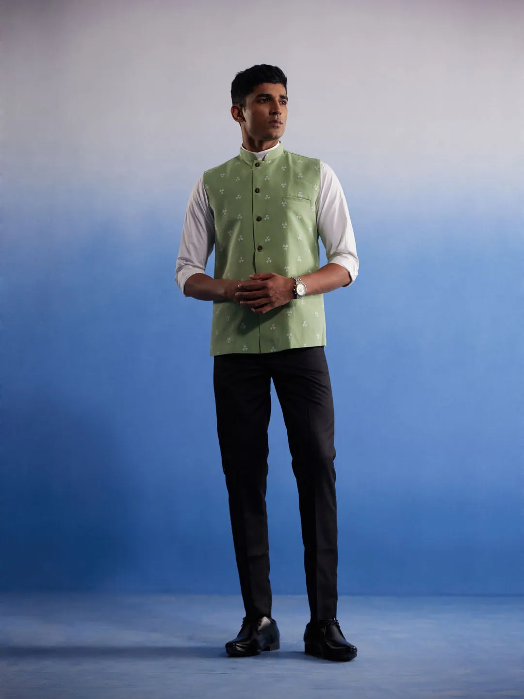 Vastramay Men's Green Jacquard Nehru Jacket