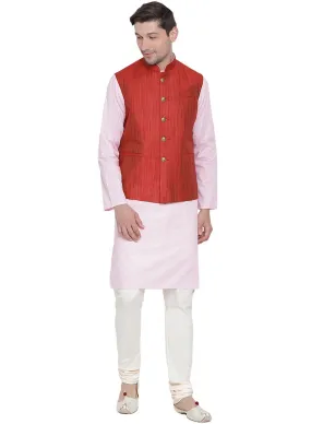 VASTRAMAY Men's Pink Cotton Blend Kurta, Ethnic Jacket and Pyjama Set