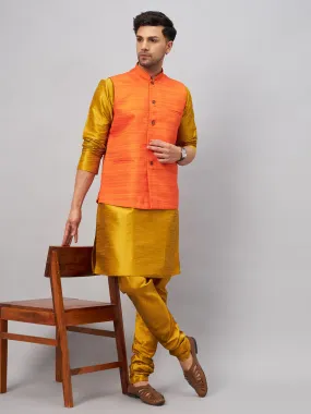 VM BY VASTRAMAY Men's Orange Jacket With Mustard Kurta And Pyjama Set