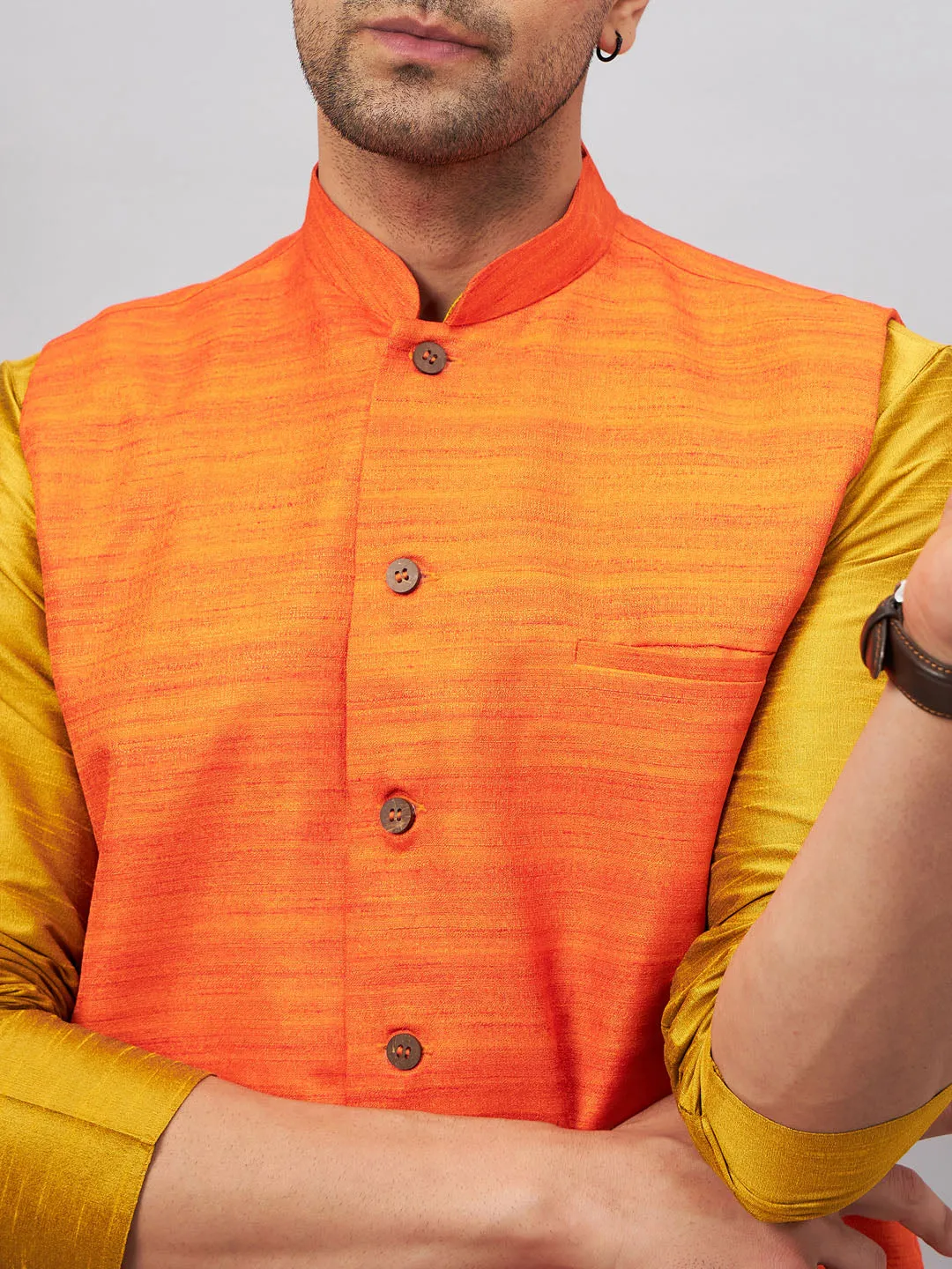 VM BY VASTRAMAY Men's Orange Jacket With Mustard Kurta And Pyjama Set