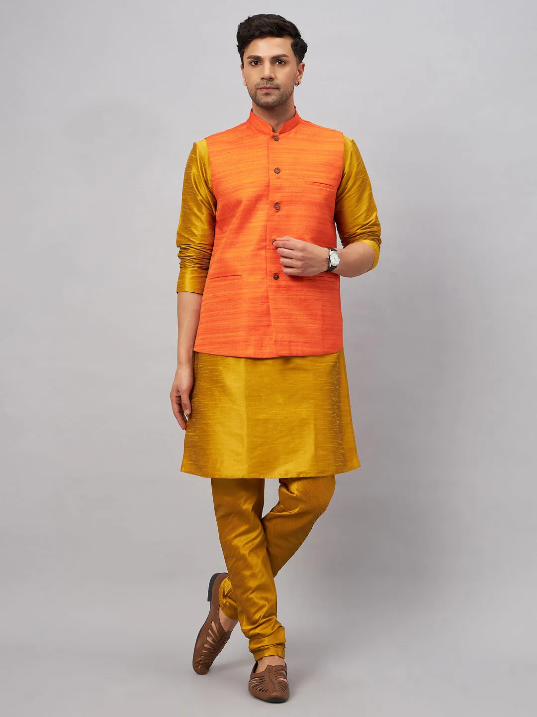 VM BY VASTRAMAY Men's Orange Jacket With Mustard Kurta And Pyjama Set