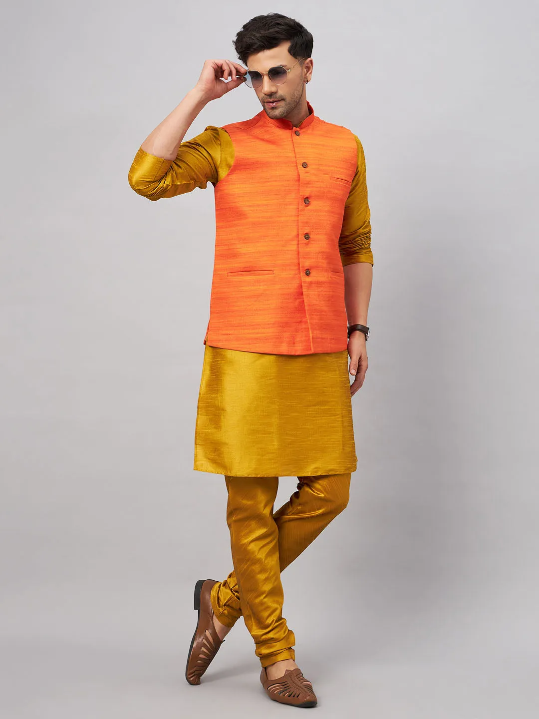 VM BY VASTRAMAY Men's Orange Jacket With Mustard Kurta And Pyjama Set