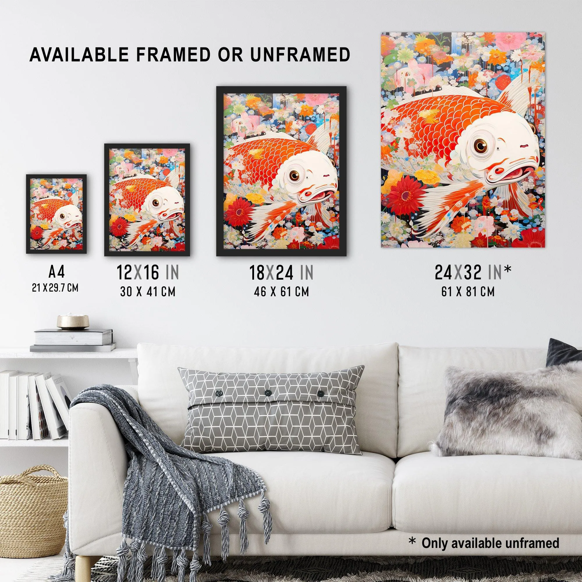 Wall Art & Pictures | A Fish Out Of Water Superflat Japan Koi Carp Floral Modern Artwork Extra Large XL Unframed Wall Art Po