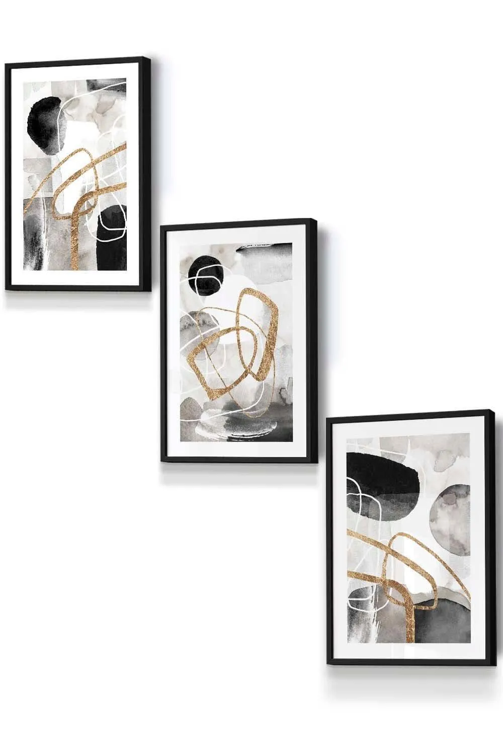 Wall Art & Pictures | Set of 3 Black Framed Abstract Black Grey & Gold Watercolour Shapes Wall Art | ARTZE