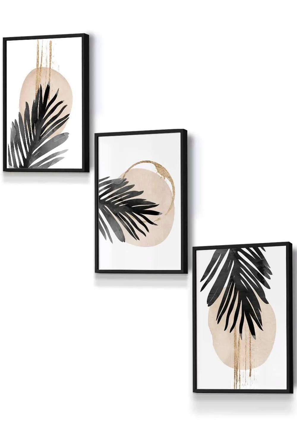 Wall Art & Pictures | Set of 3 Black Framed Abstract Watercolour Black Palm Leaves Wall Art | ARTZE