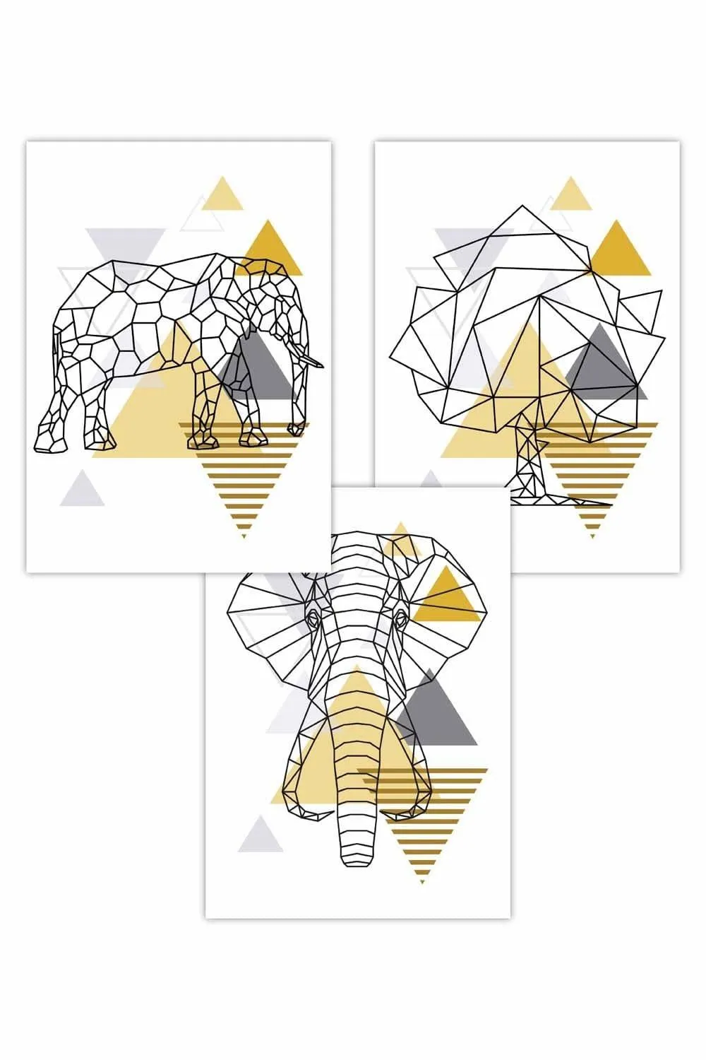 Wall Art & Pictures | Set of 3 Geometric Line Art Yellow Elephant Tree Set Art Posters | ARTZE