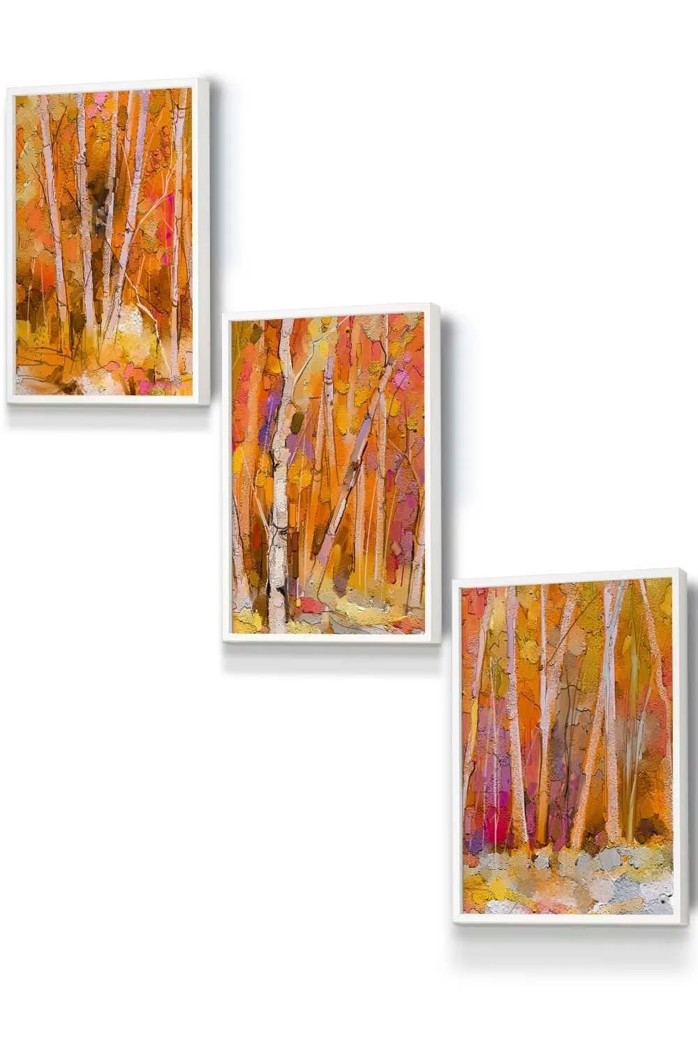 Wall Art & Pictures | Set of 3 White Framed Abstract Autumn Trees in Orange Wall Art | ARTZE