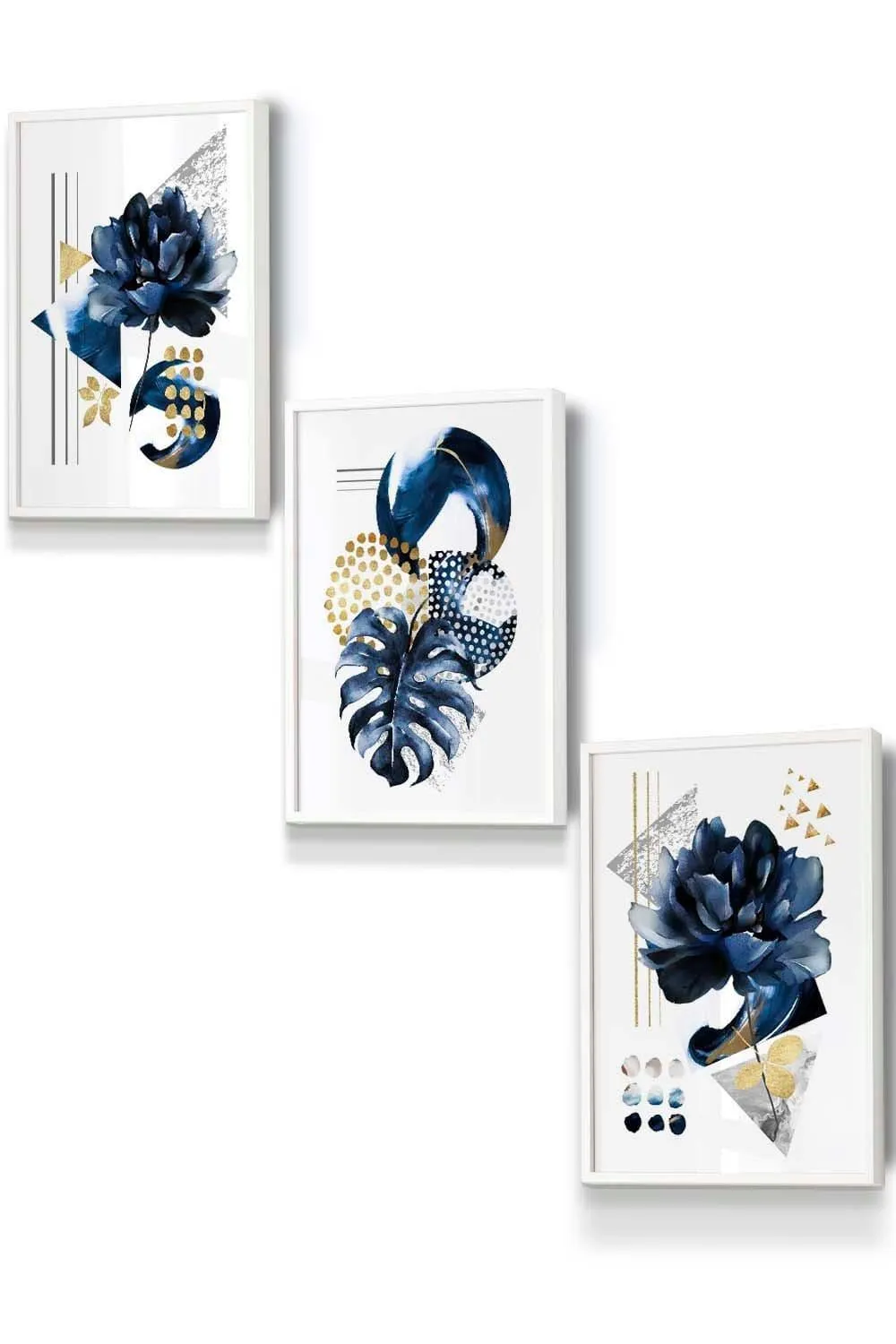 Wall Art & Pictures | Set of 3 White Framed Abstract Blue and Gold Botanical Wall Art | ARTZE