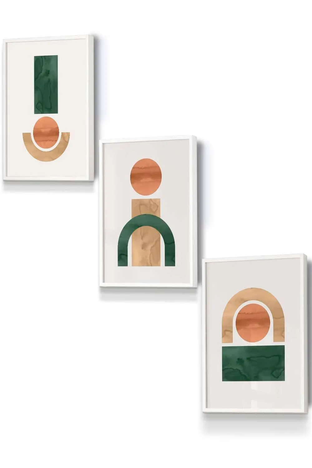 Wall Art & Pictures | Set of 3 White Framed Mid Century Graphical Shapes in Green Yellow Orange Wall Art | ARTZE