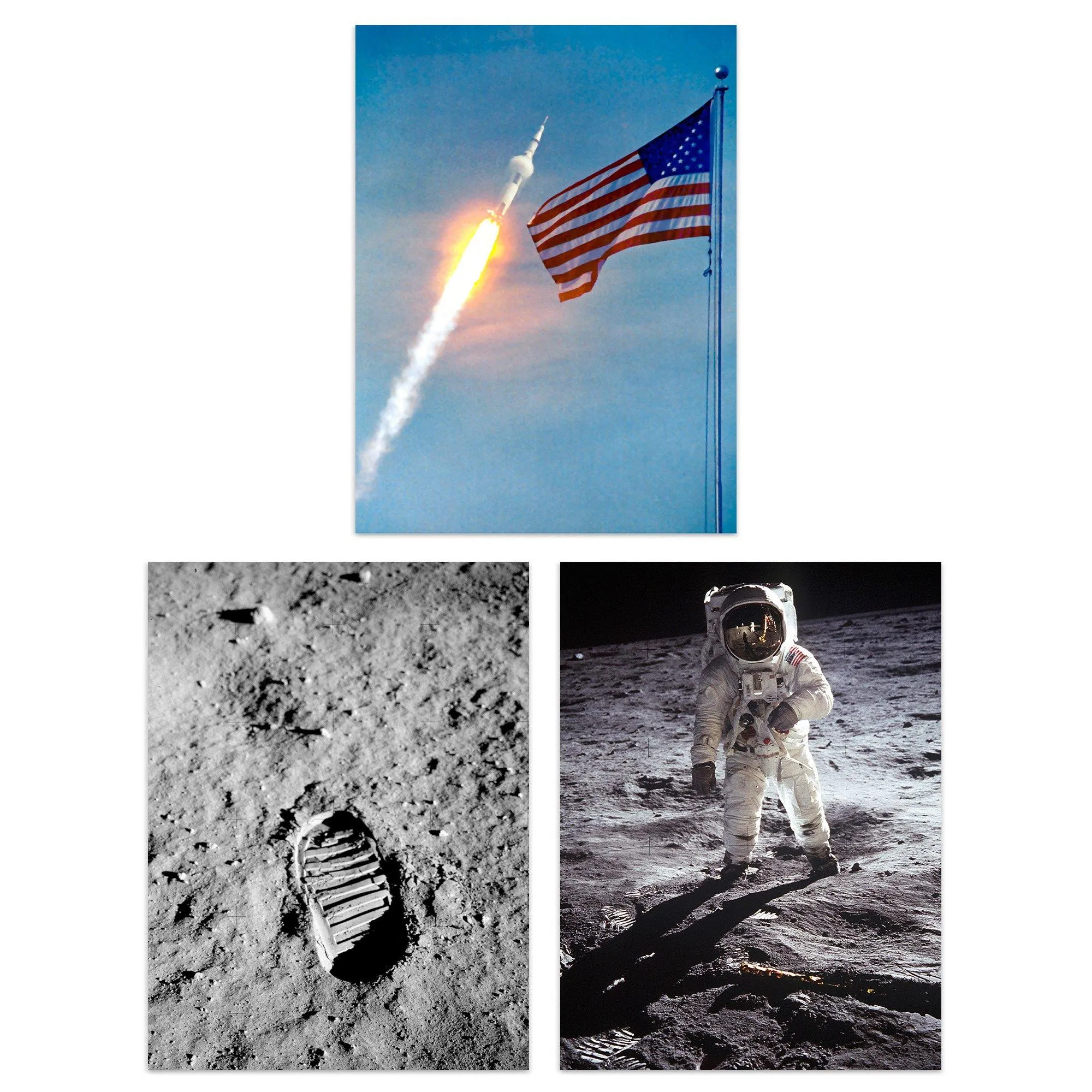 Wall Art & Pictures | Wall Art Print Pack of 3 NASA Spaceship Apollo 11 Mission Moon Landing Astronaut Aldrin Armstrong Boot