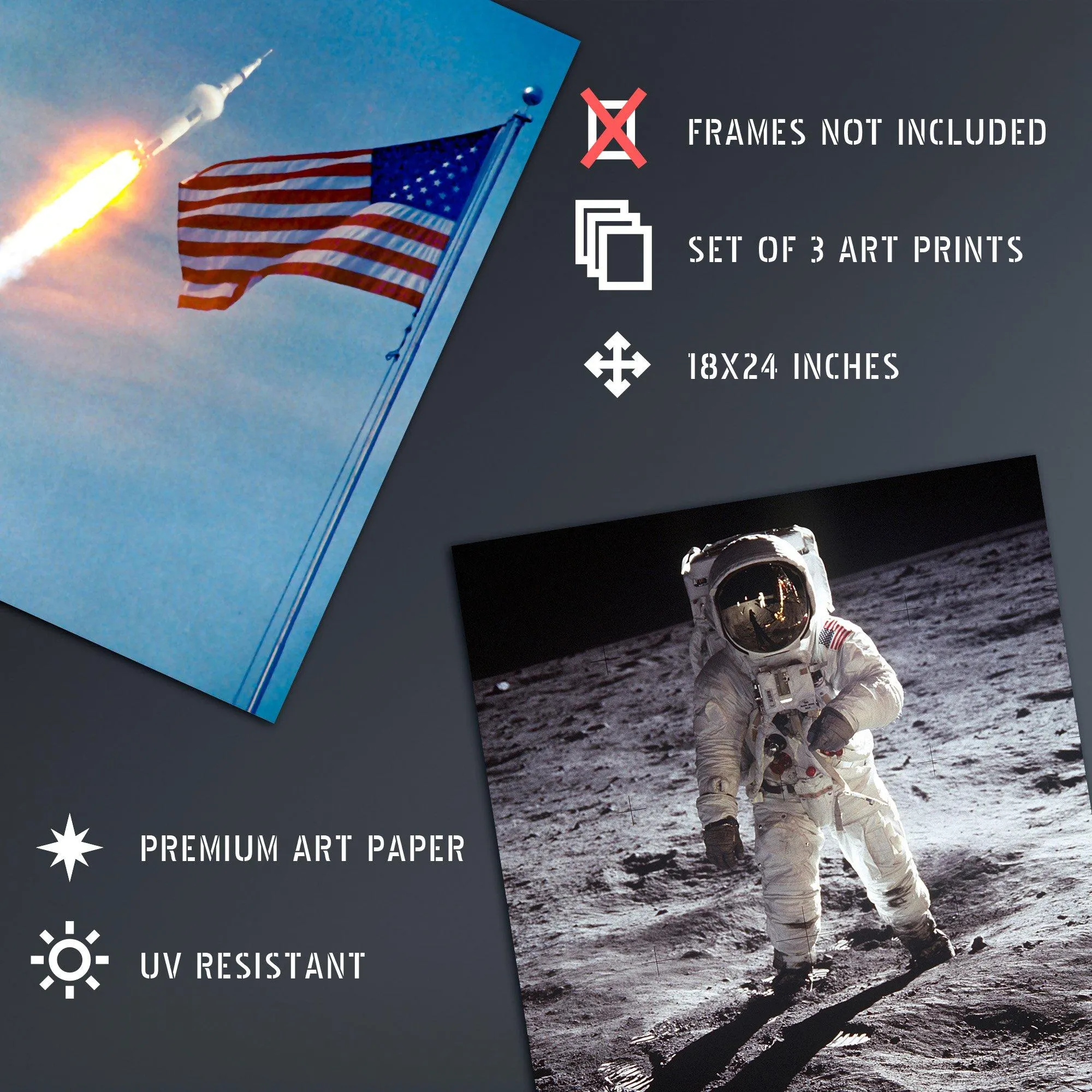 Wall Art & Pictures | Wall Art Print Pack of 3 NASA Spaceship Apollo 11 Mission Moon Landing Astronaut Aldrin Armstrong Boot