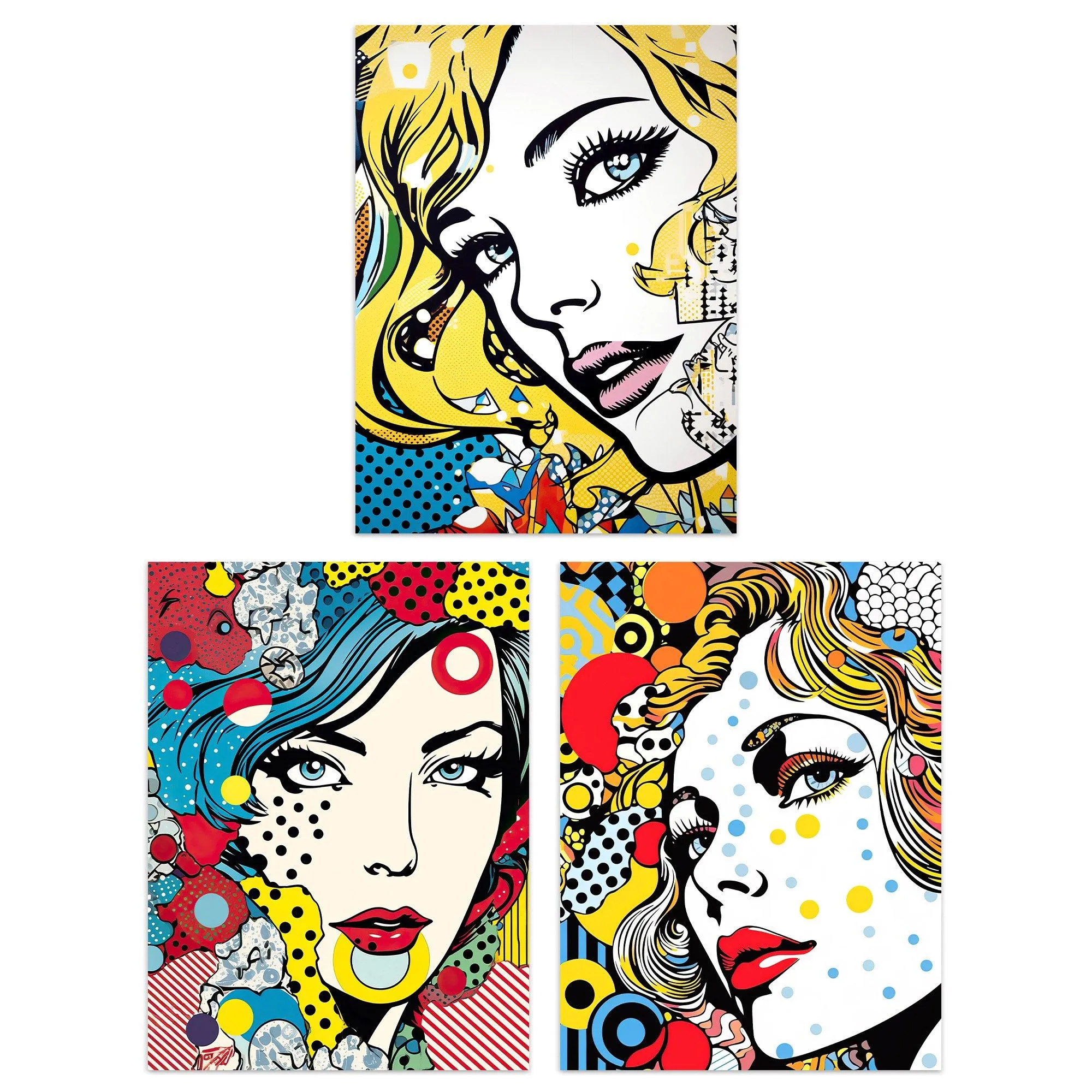 Wall Art & Pictures | Wall Art Print Set of 3 Pop Art Women Faces Artworks Comic Book Style Portraits with Patterns Living R