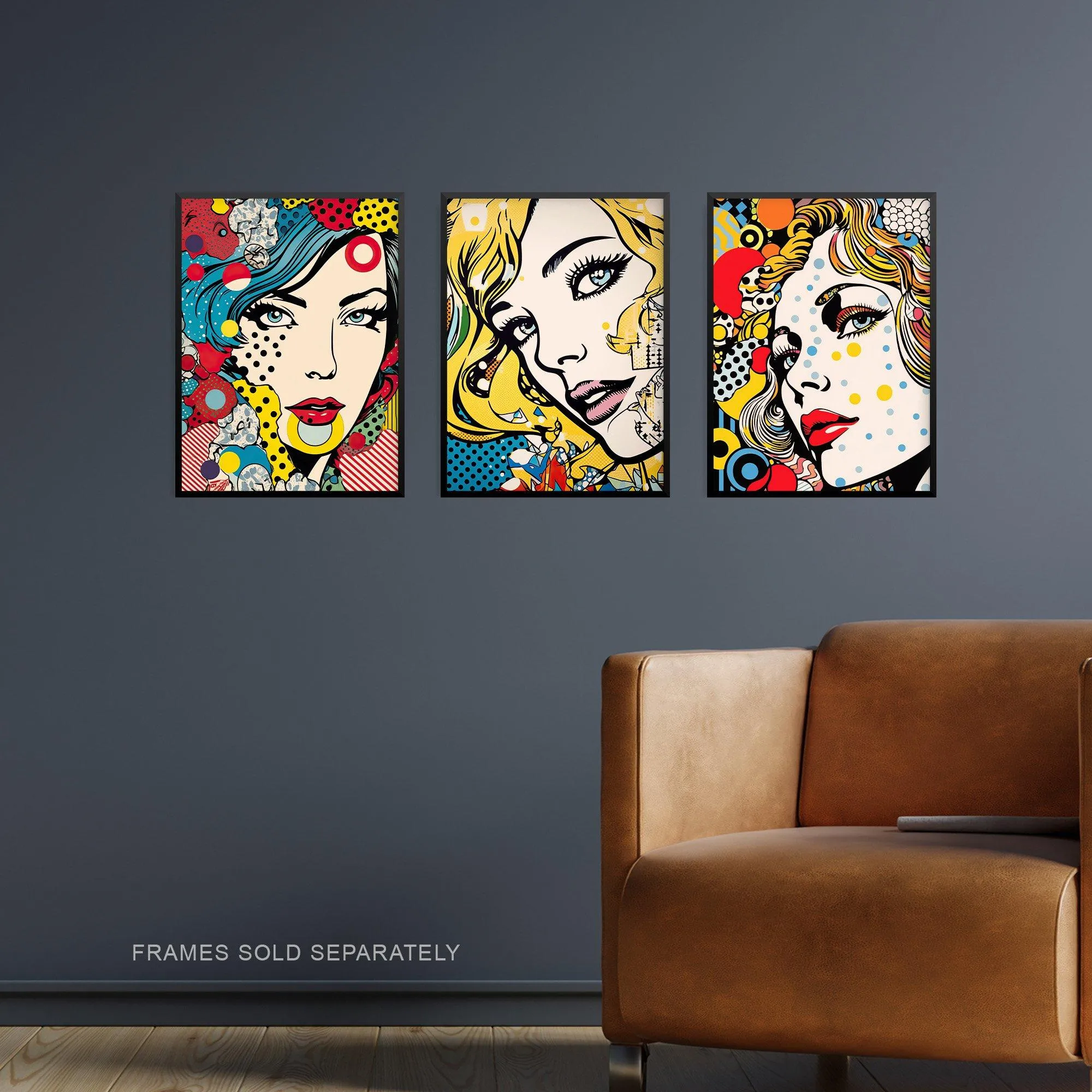 Wall Art & Pictures | Wall Art Print Set of 3 Pop Art Women Faces Artworks Comic Book Style Portraits with Patterns Living R