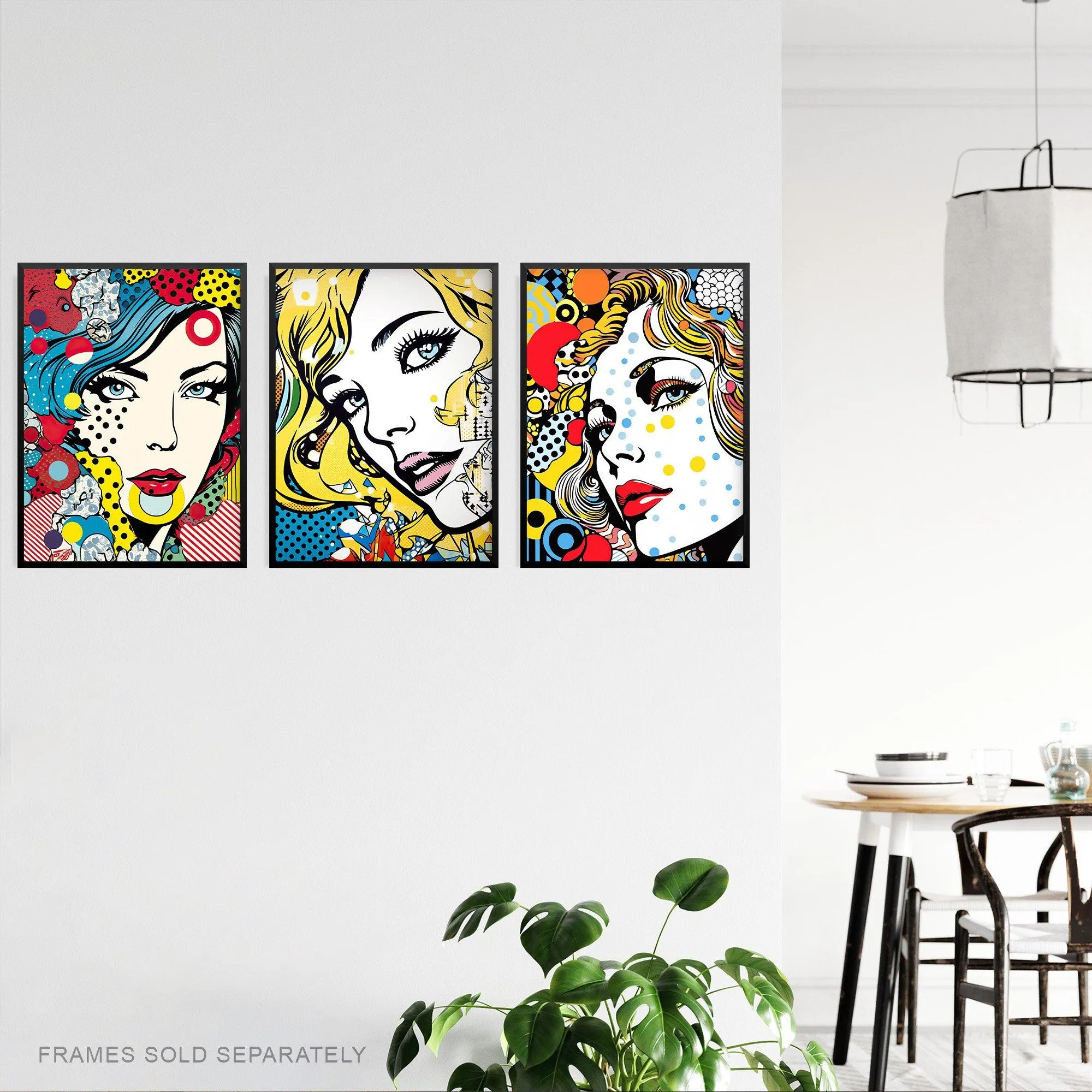 Wall Art & Pictures | Wall Art Print Set of 3 Pop Art Women Faces Artworks Comic Book Style Portraits with Patterns Living R