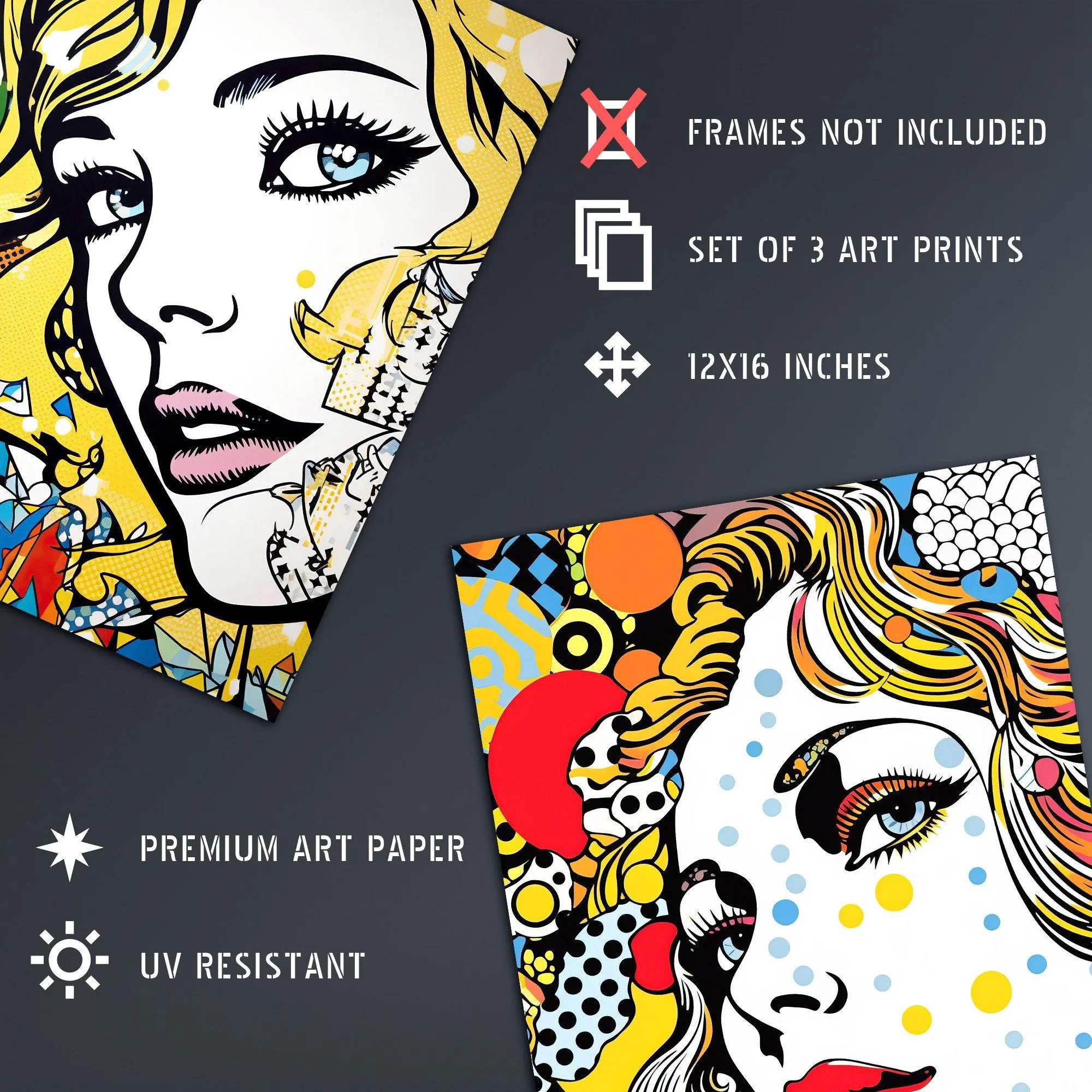 Wall Art & Pictures | Wall Art Print Set of 3 Pop Art Women Faces Artworks Comic Book Style Portraits with Patterns Living R