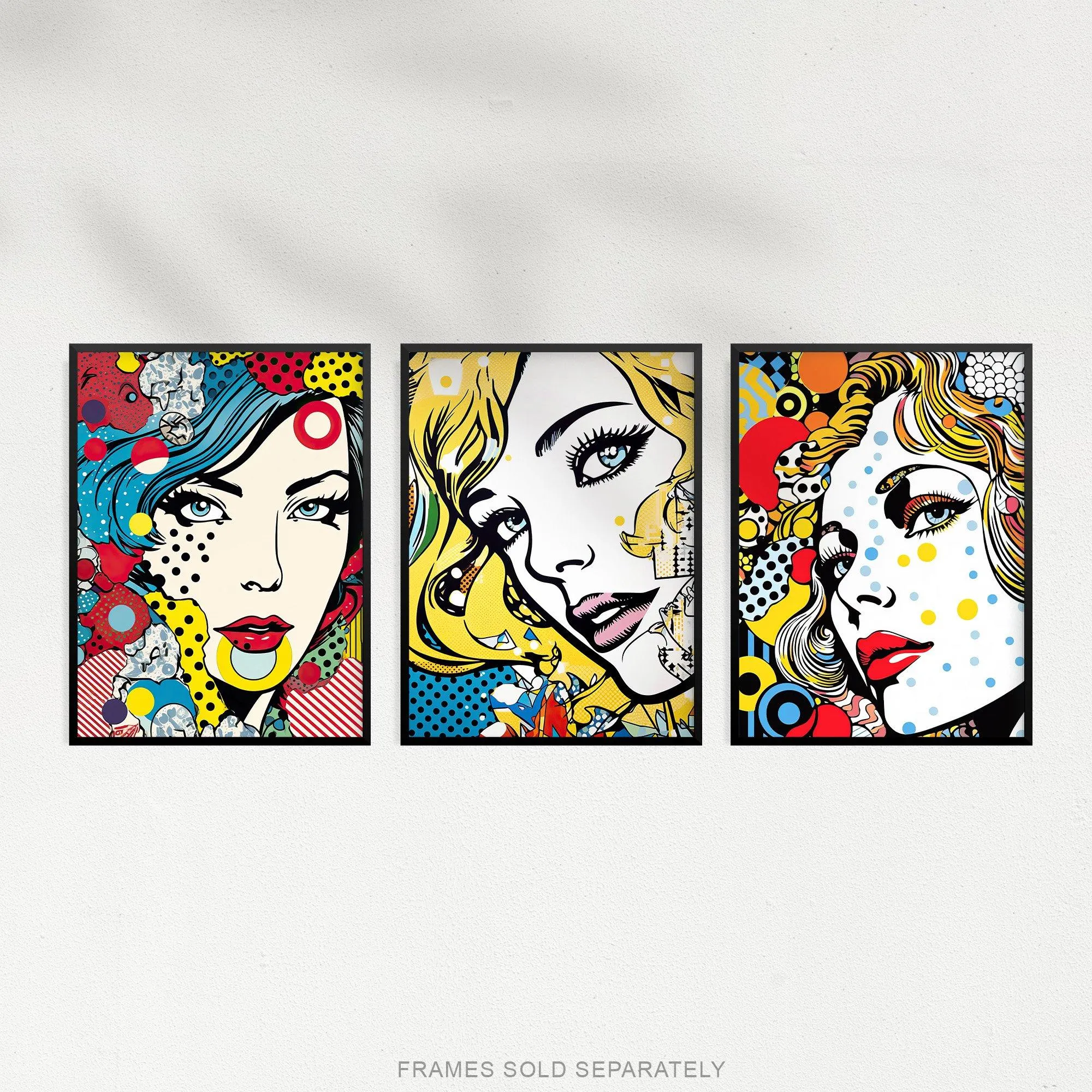 Wall Art & Pictures | Wall Art Print Set of 3 Pop Art Women Faces Artworks Comic Book Style Portraits with Patterns Living R