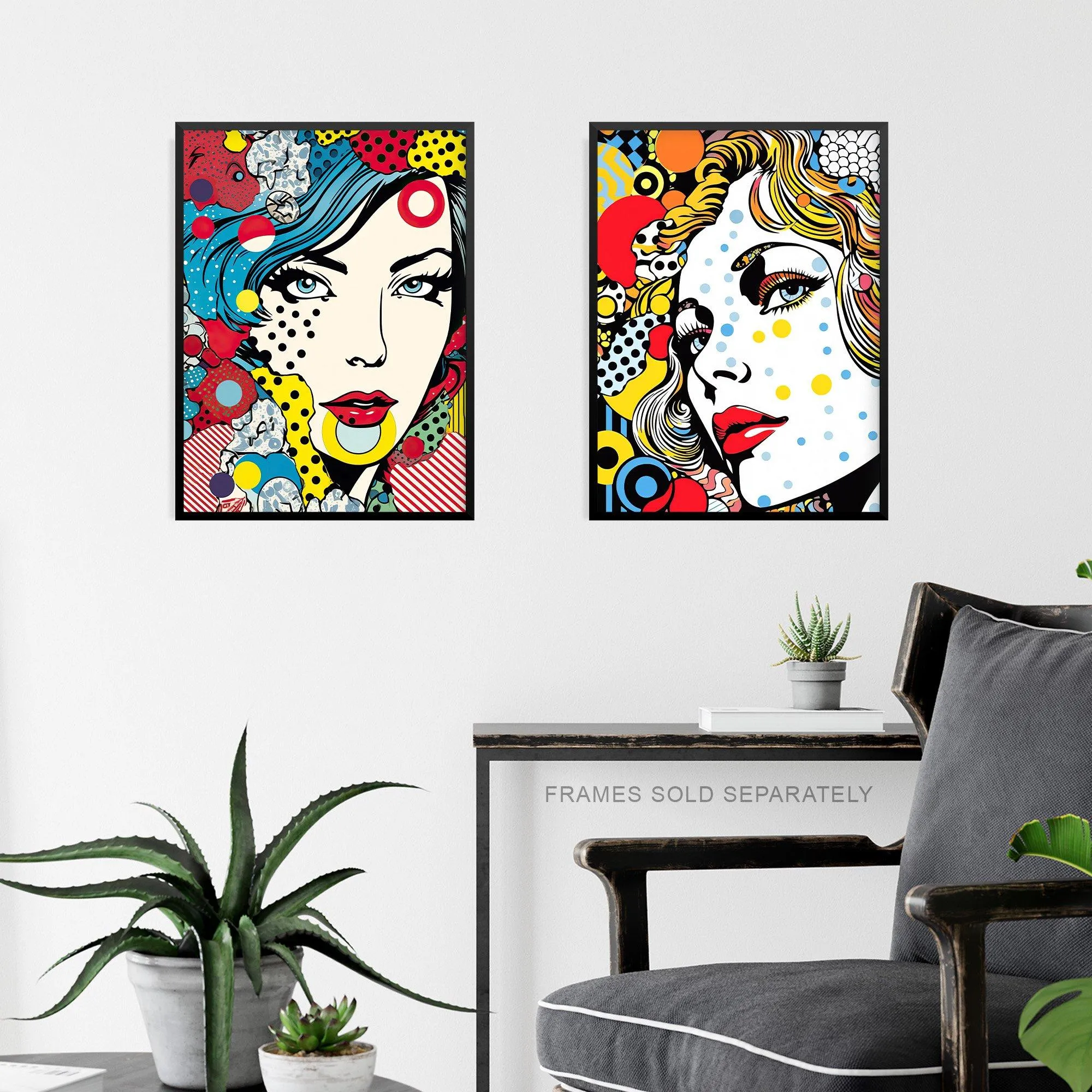 Wall Art & Pictures | Wall Art Print Set of 3 Pop Art Women Faces Artworks Comic Book Style Portraits with Patterns Living R