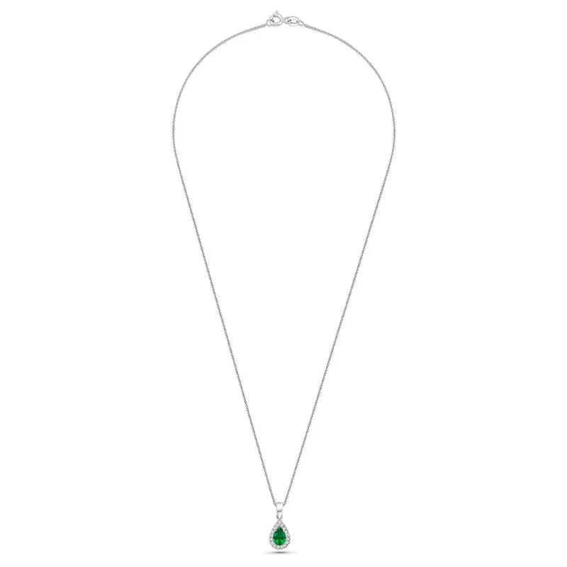 White gold drop necklace with white zircons and a green zircon in the center