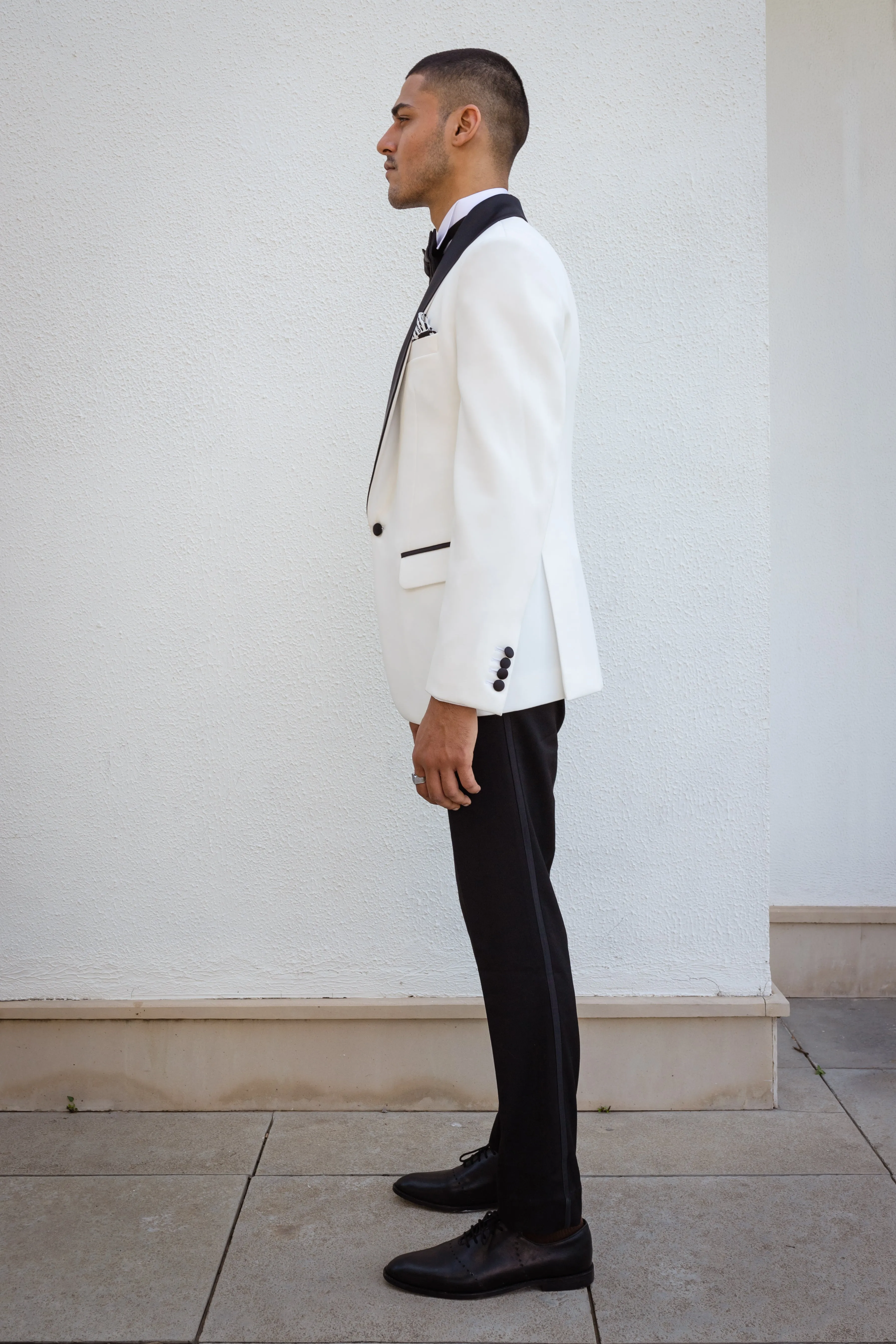 White Tux Jacket With Black Shawl Lapel.