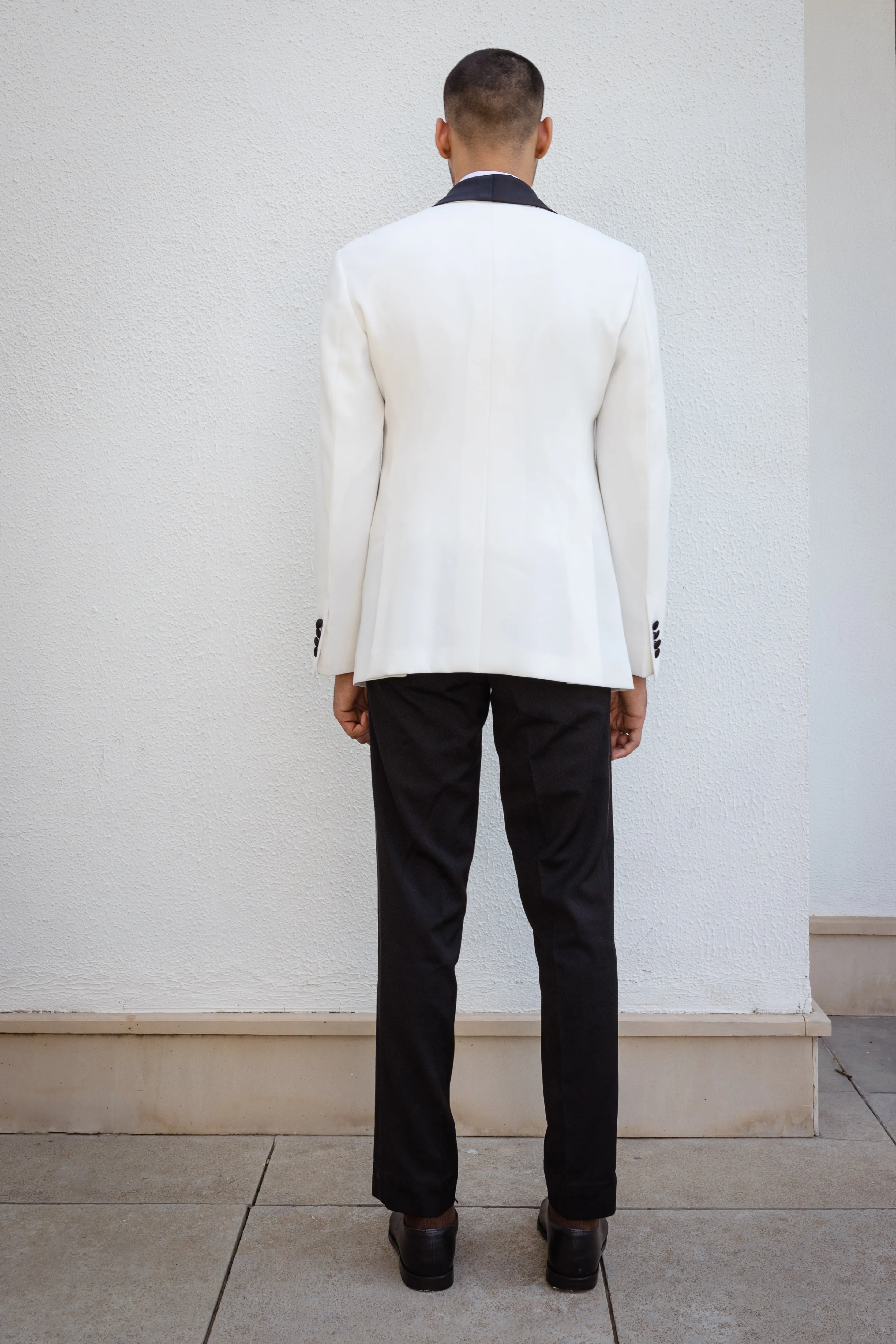 White Tux Jacket With Black Shawl Lapel.