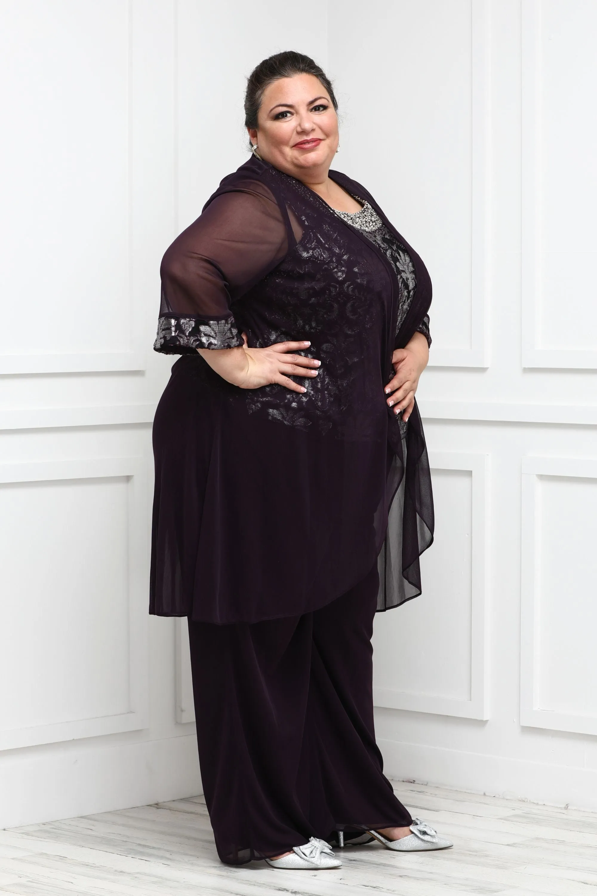 Women Plus-Size Stunning Three-Piece Beaded Neck Duster Pant Set