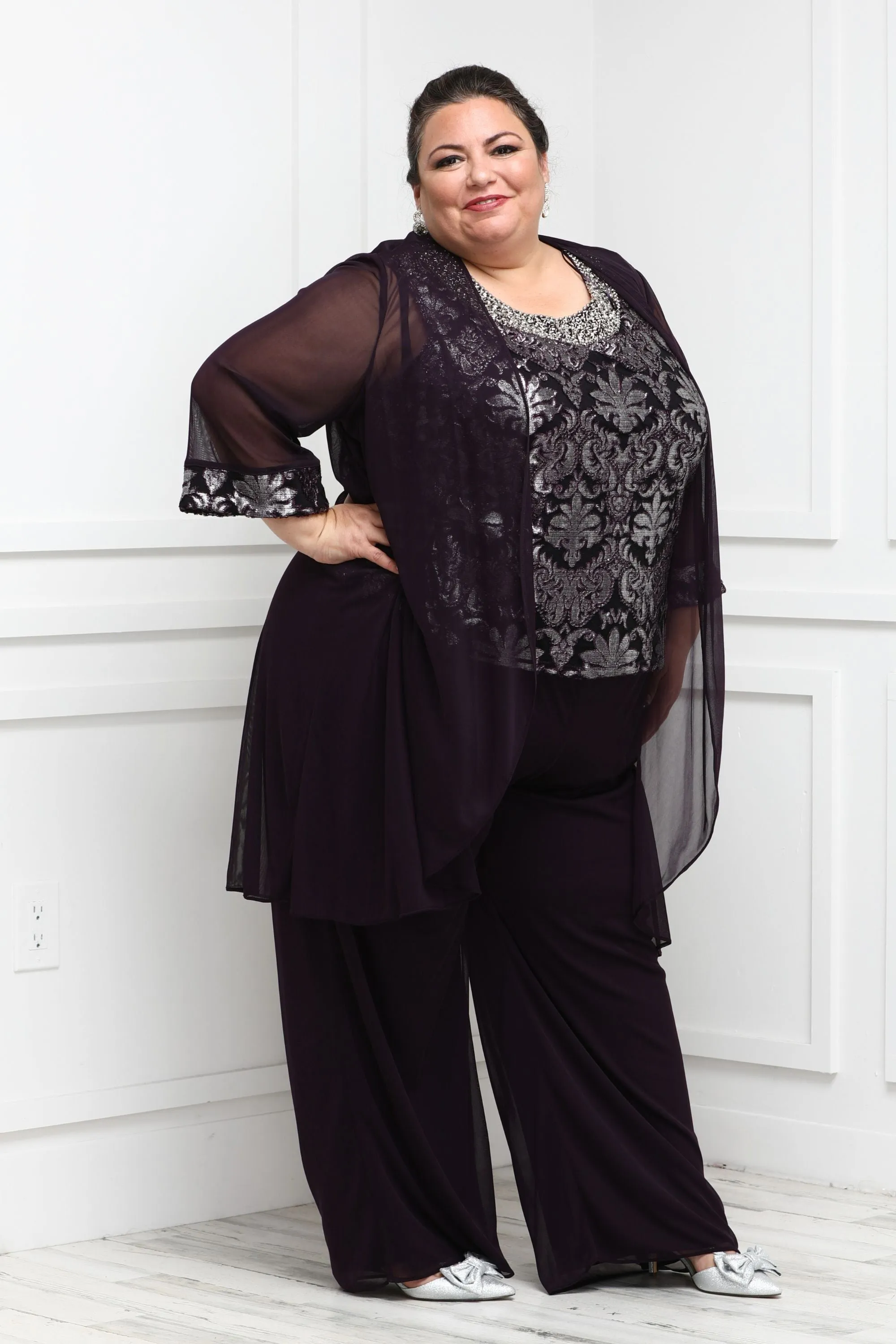 Women Plus-Size Stunning Three-Piece Beaded Neck Duster Pant Set